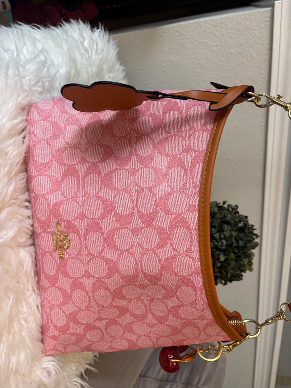 Pink Signature Canvas Shoulder Bag with Tan Trim